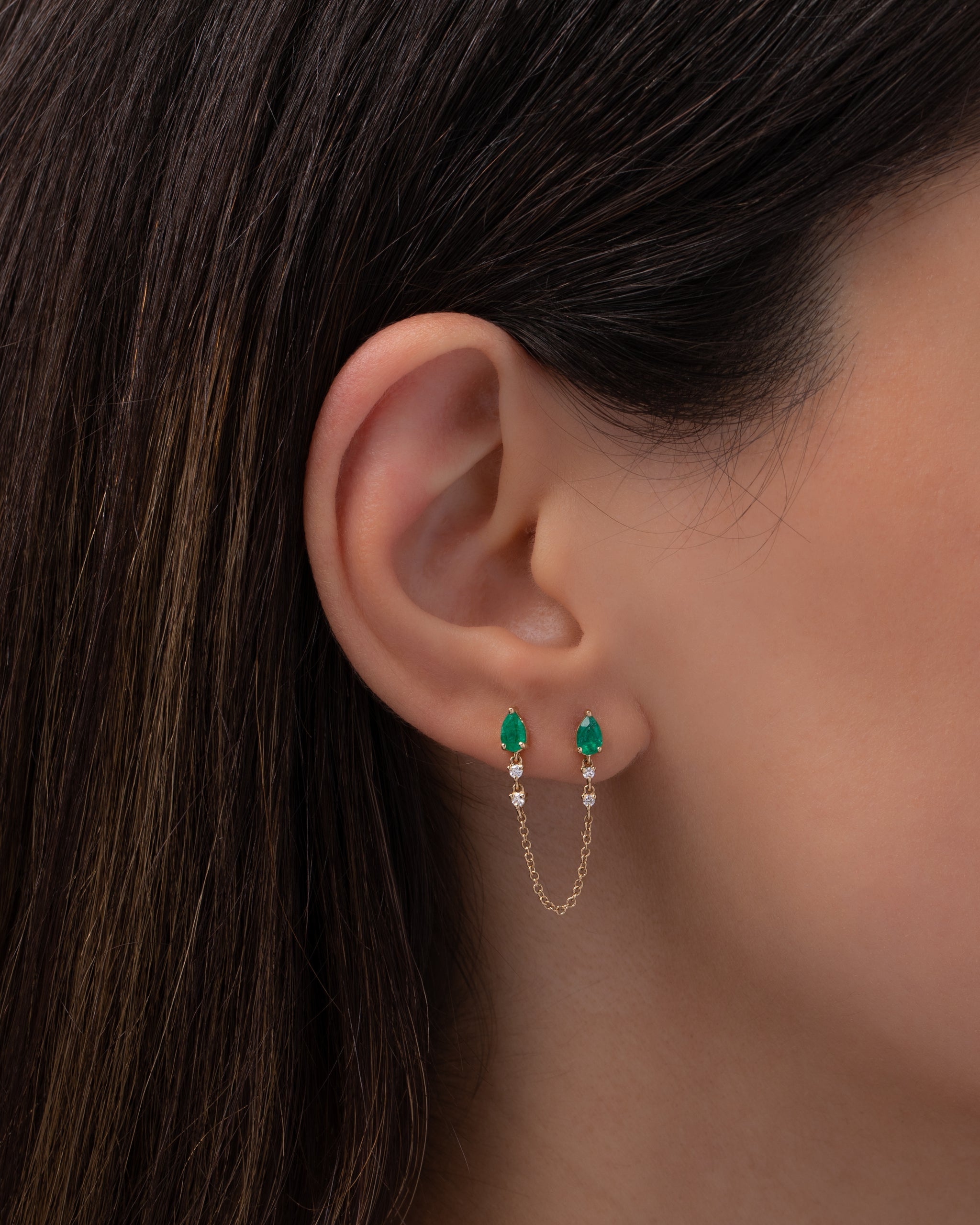 Emerald Pear and Diamond Chain Stud Earrings