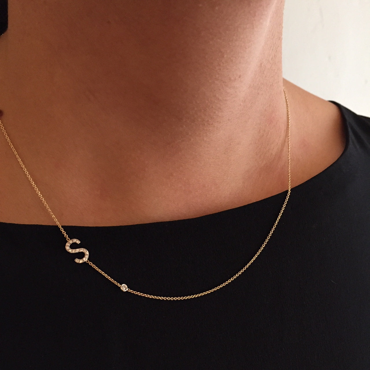 Diamond Asymmetrical Initial and Bezel Diamond Necklace