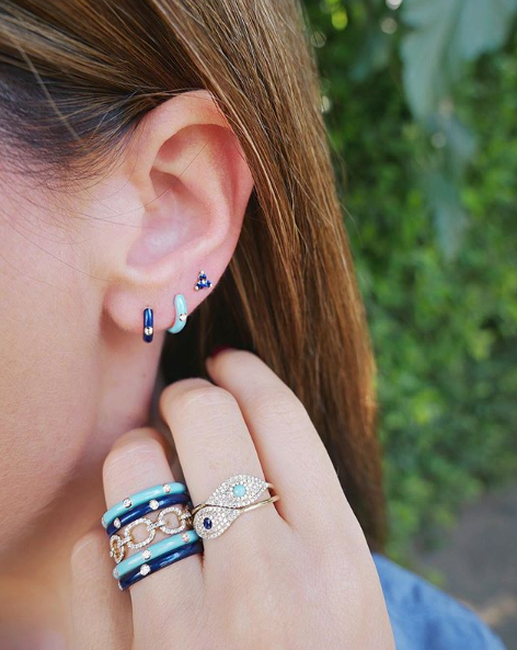 Diamond Navy Enamel Huggie Earring