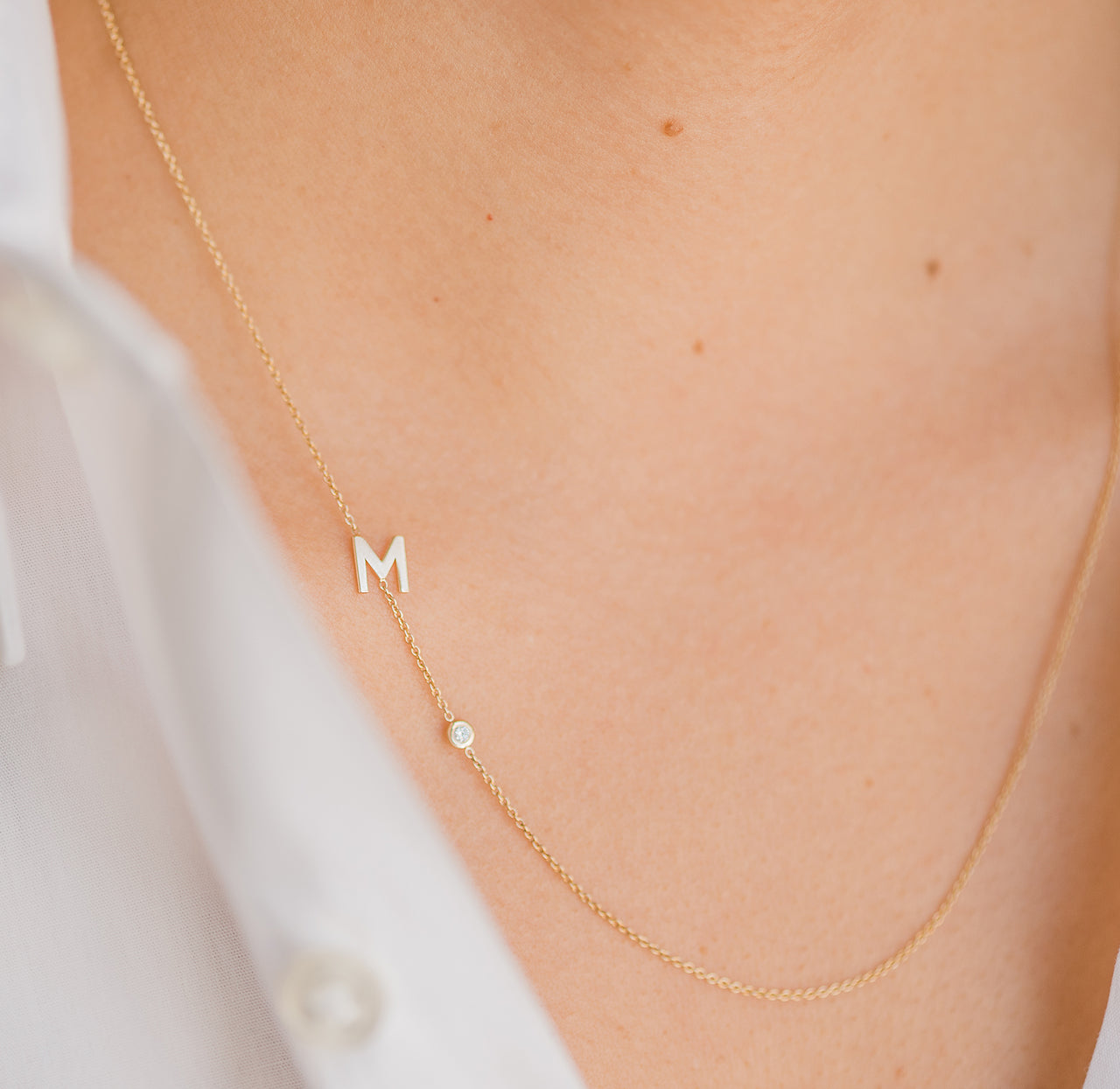 Asymmetrical Initial and Bezel Diamond Necklace