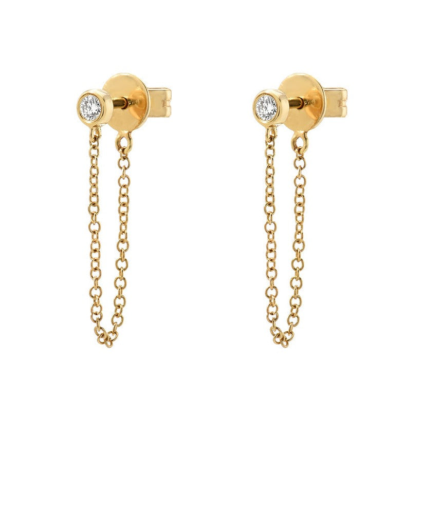 Bezel Diamond Stud Chain Earrings