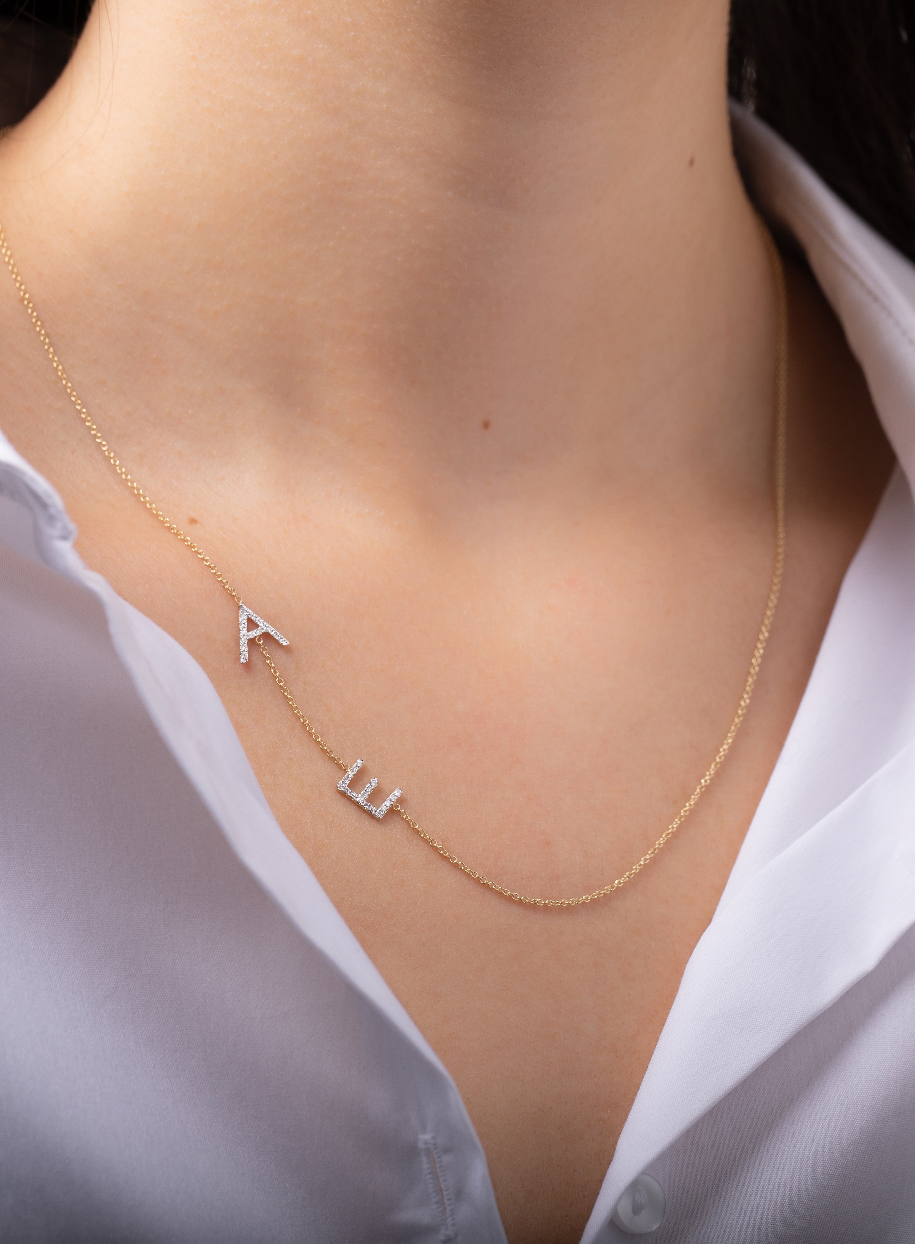 Diamond Asymmetrical Initial Necklace - 2 initials