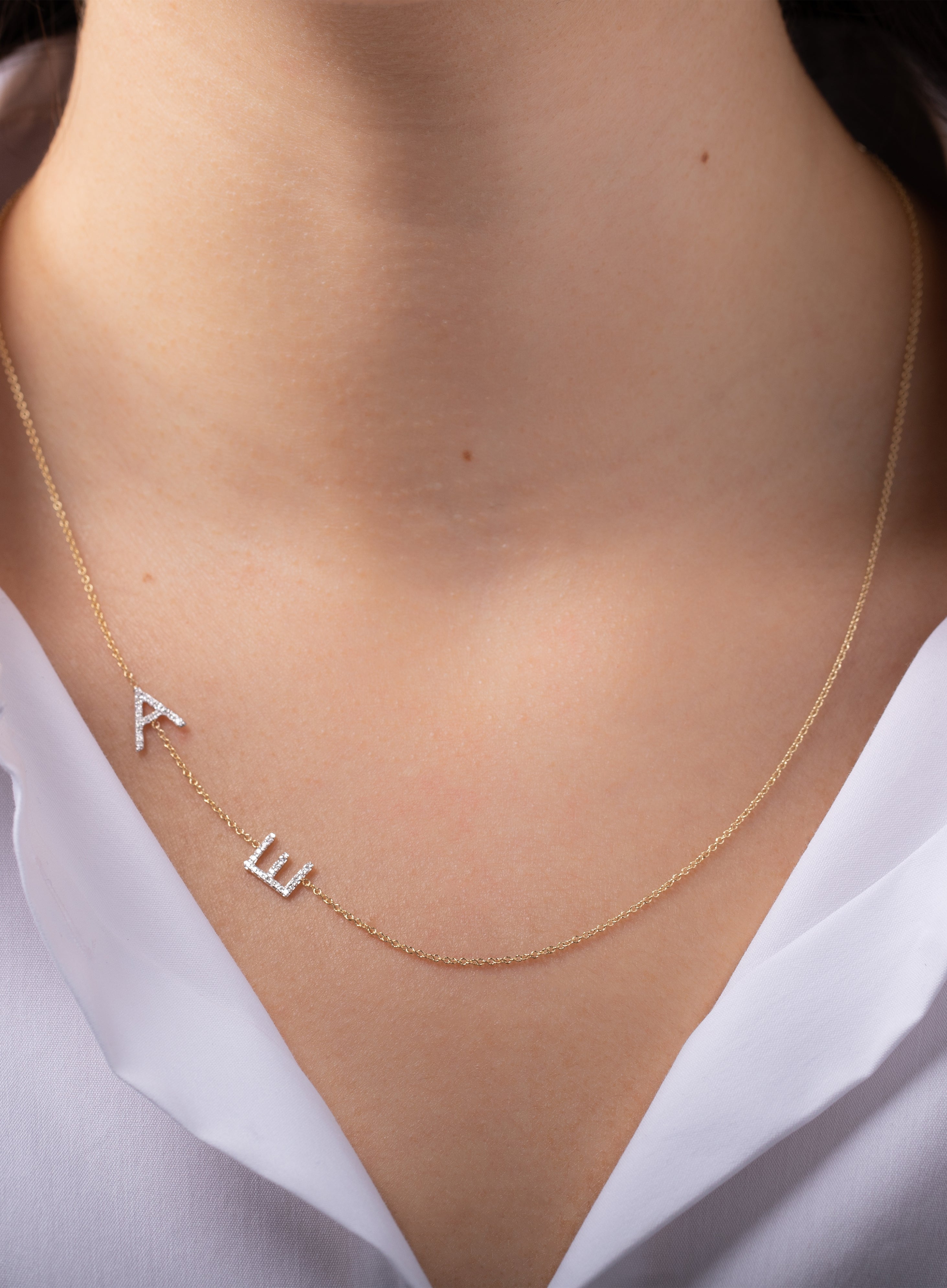 Diamond Asymmetrical Initial Necklace - 2 initials