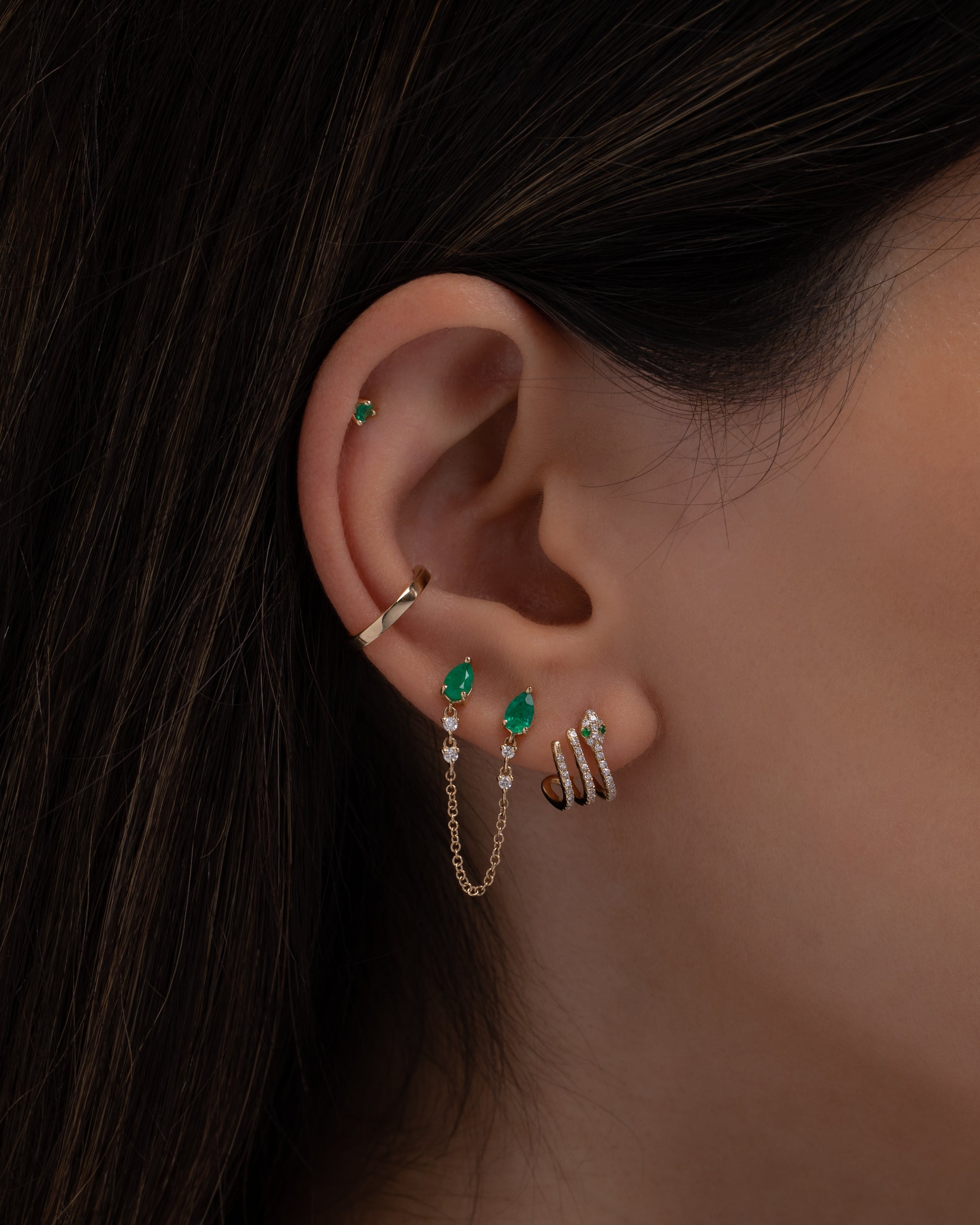 Emerald Pear and Diamond Chain Stud Earrings