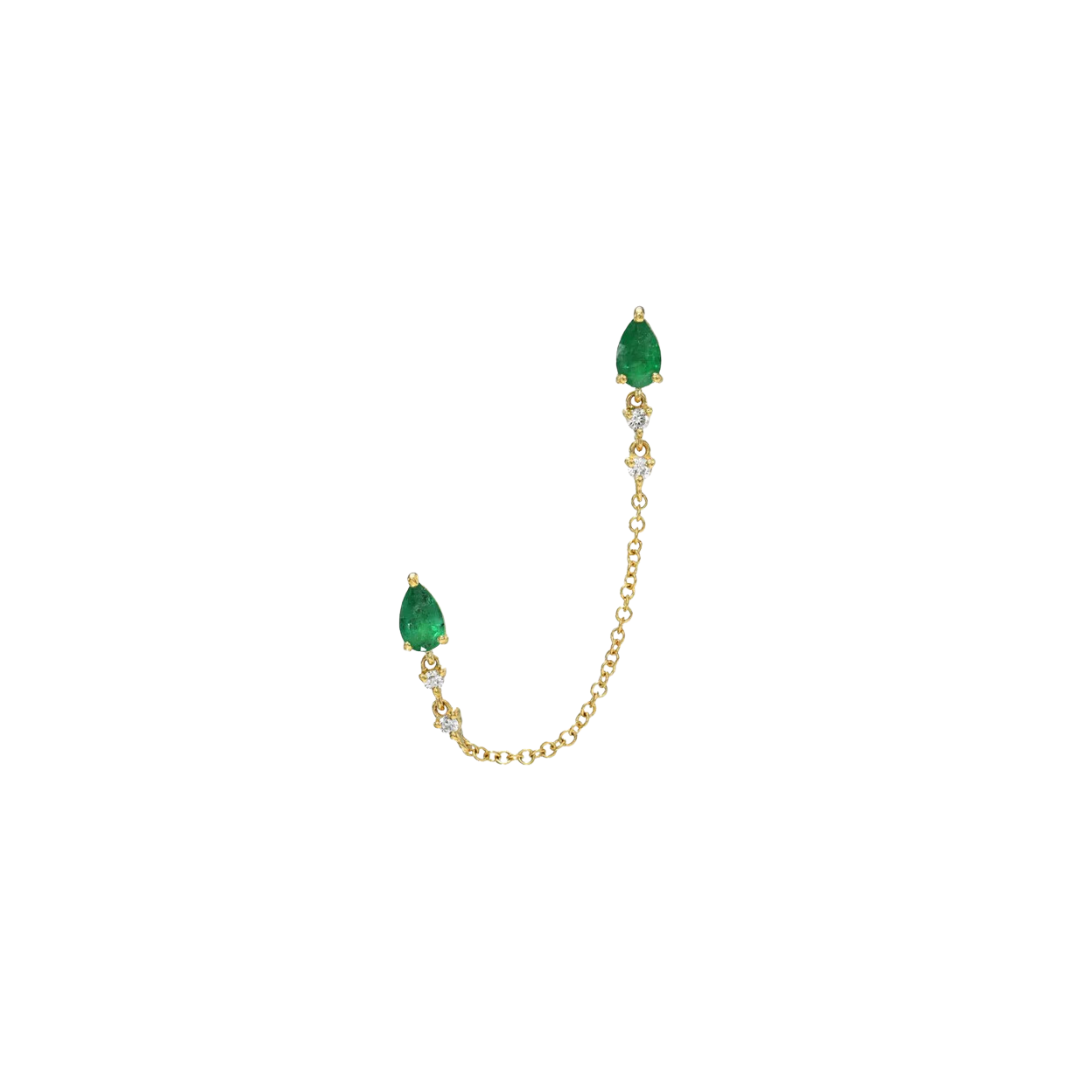 Emerald Pear and Diamond Chain Stud Earrings